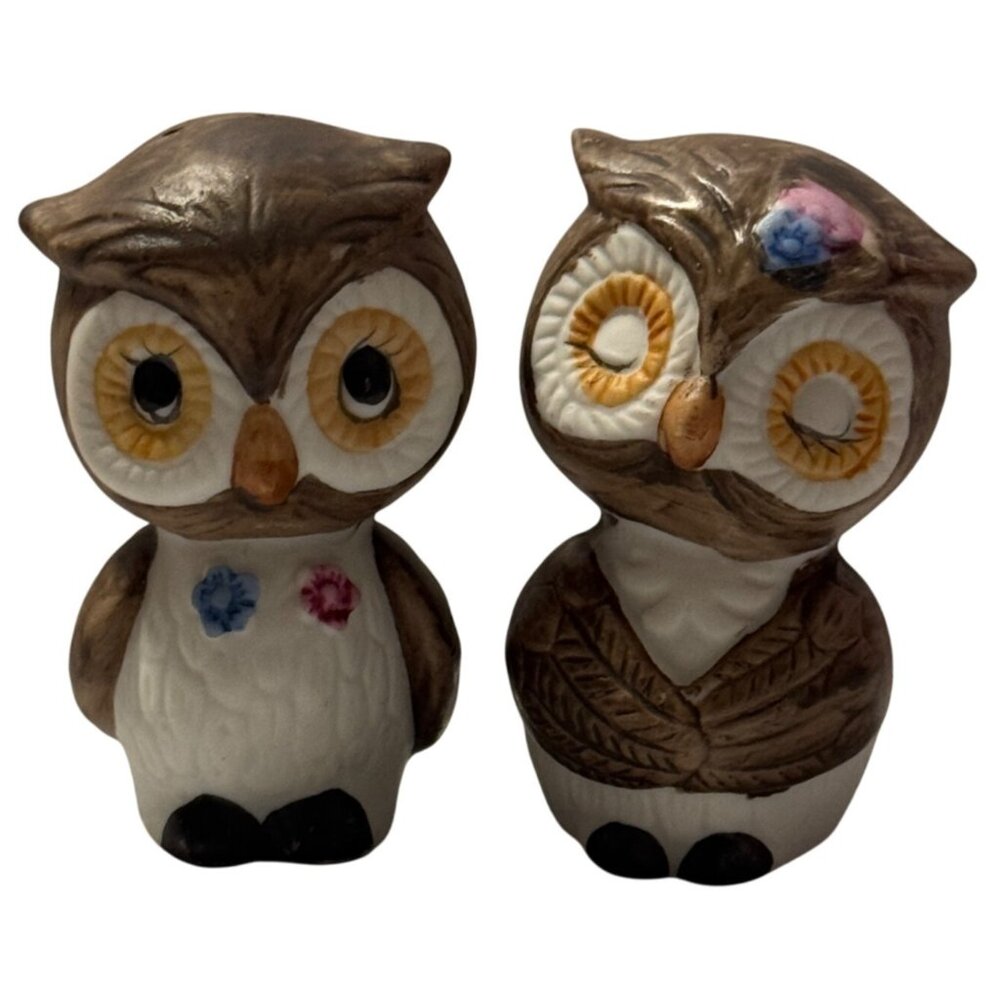 Vintage  Owls Salt Pepper Shaker Stoppers Brown Ceramic Kitschy Korea 2.75" MCM